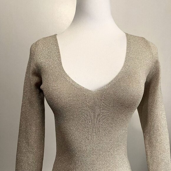 NWT TED BAKER CIILIAH GOLD METALLIC V-NECK LONG TEE RIBBED STRETCH KNIT TOP - S - Picture 5 of 14